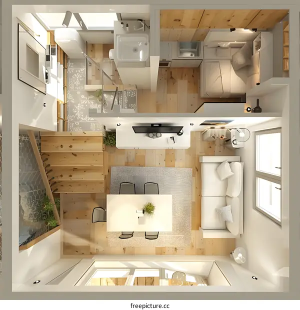 Top View of Modern Apartment Interior Design with Wooden Floor and White Furniture