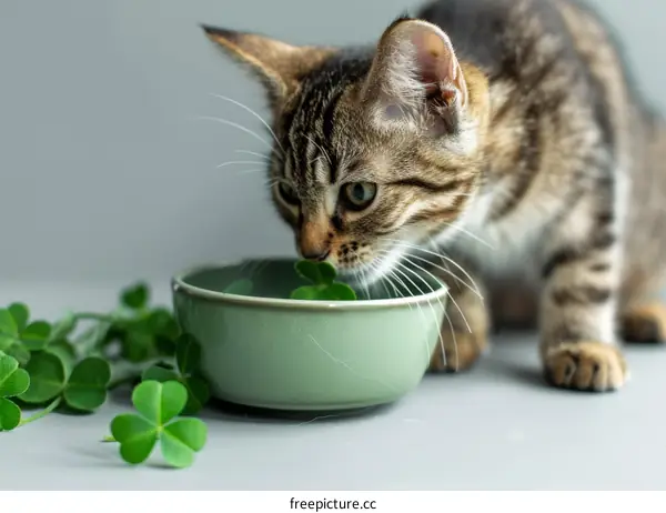 A cute tabby kitten eating a bowl of clover