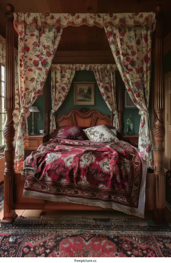 Vintage Floral Four-Poster Bed in a Luxurious Bedroom