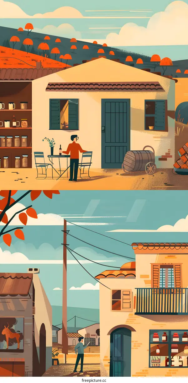 A Colorful Illustration of Two People Walking Around a Village