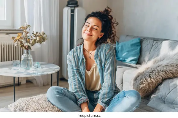 Woman Relaxing on the Floor in a Cozy Living Room