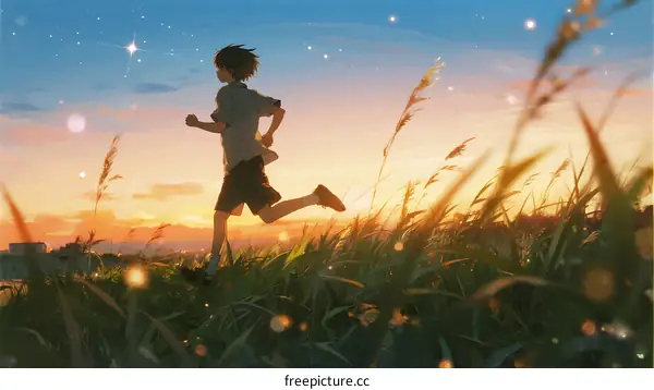 A Young Boy Running Through Golden Grasses at Sunset