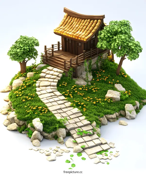 3D Illustration of a Small Japanese Style House on a Floating Island