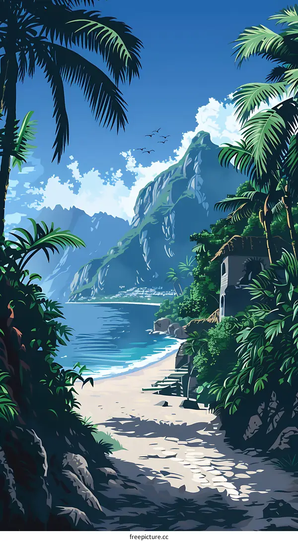 Tropical Paradise Beach Scene Illustration