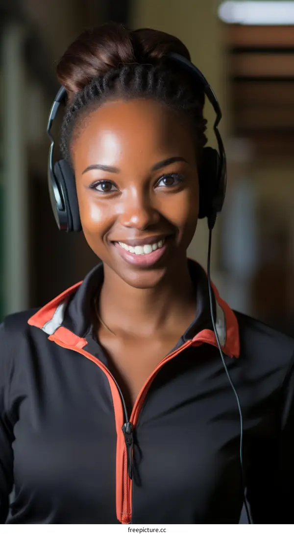 Portrait of a young African woman smiling and wearing headphones