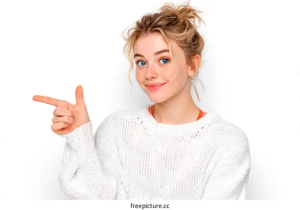 Smiling Woman Pointing,  Fashionable Style,  Charming Portrait