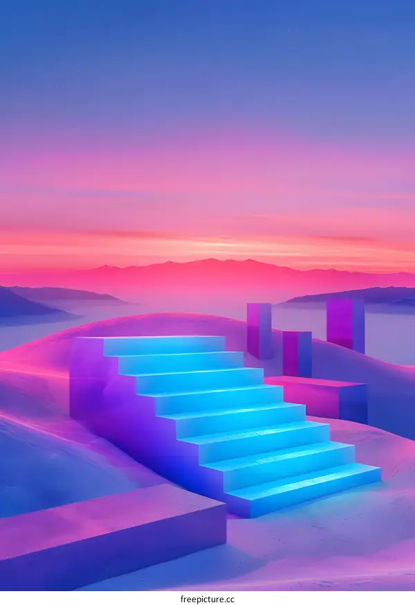 Neon Blue Stairs in a Fantasy Landscape
