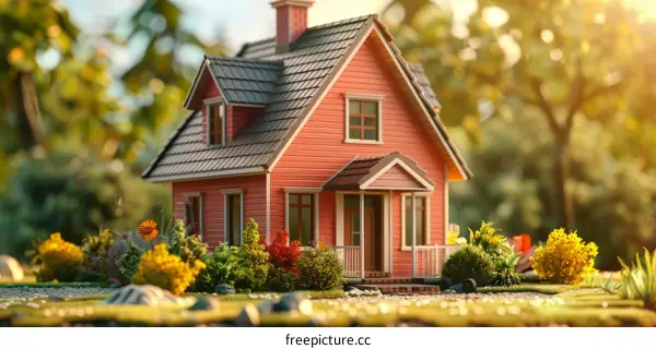 A Charming Red Cottage Nestled Amidst Verdant Fields