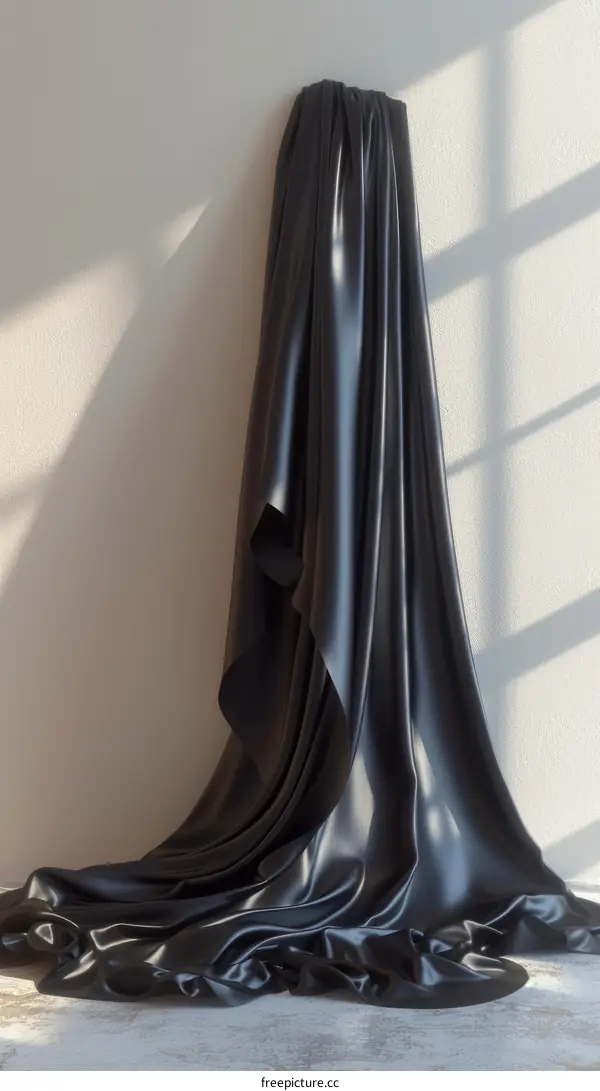 Black elegant silk cloth draped against a beige wall