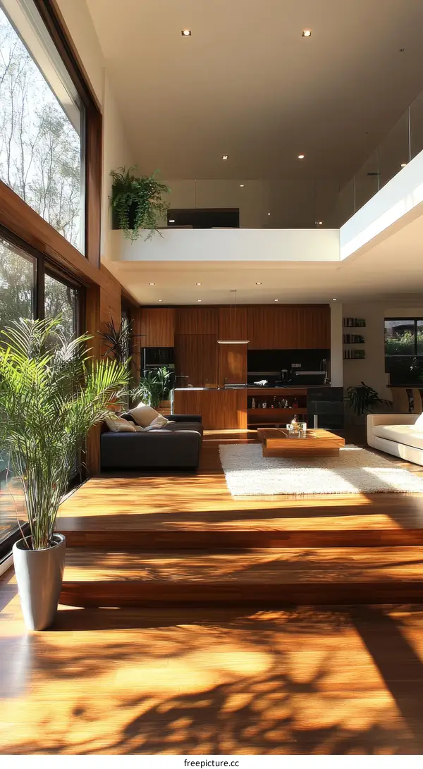 Modern Wooden Interior Living Room with High Ceilings