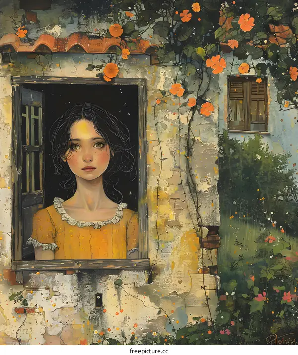 The Girl in the Window of a  Old House