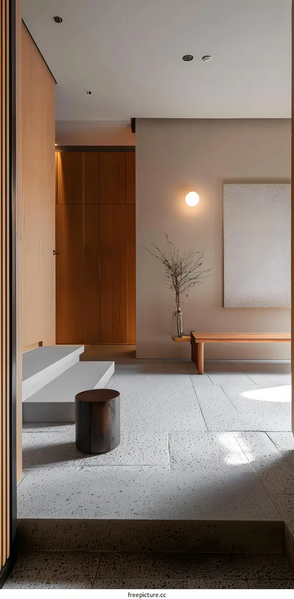 Minimalist Interior Design with Wooden Elements and Stone Floor