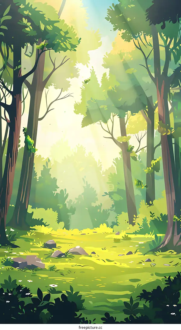 Forest Scene with Sunlight Shining Through Trees