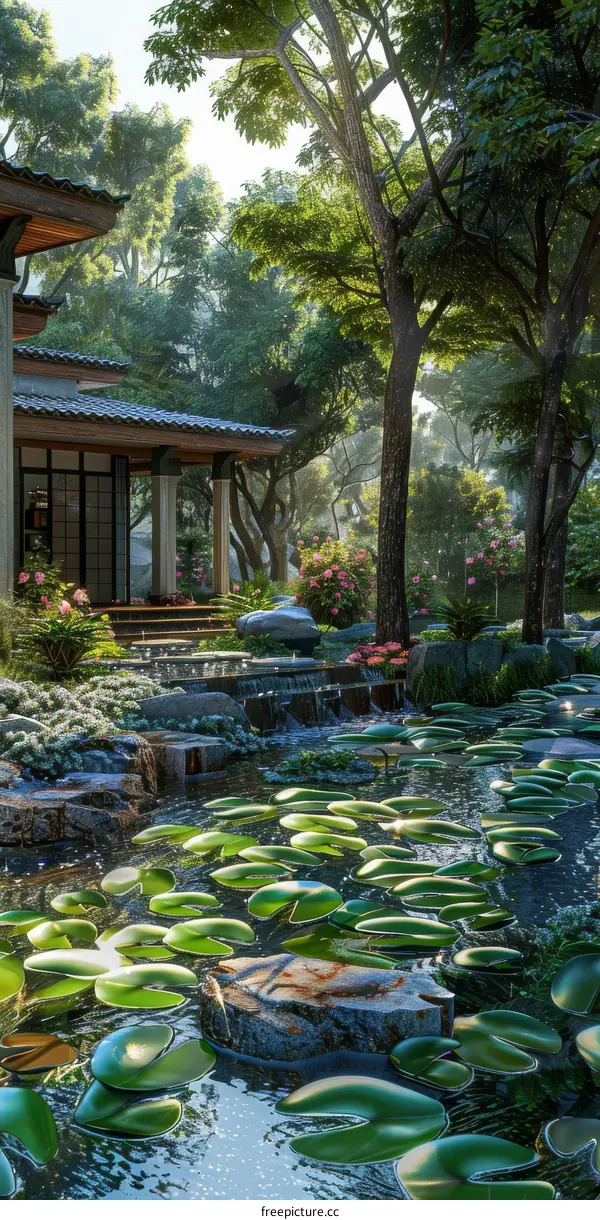 Serene Japanese House with Tranquil Pond and Lush Greenery