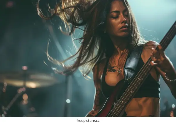 Portrait of a female musician playing the bass guitar on stage with long brown hair and wearing a black leather vest