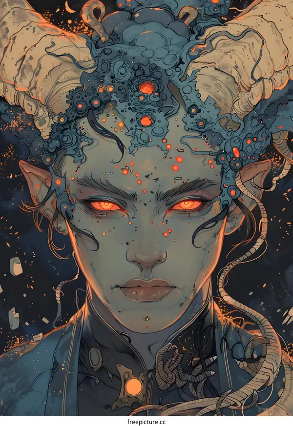 Digital Art Portrait of Woman with Horns and Strange Ornamentation