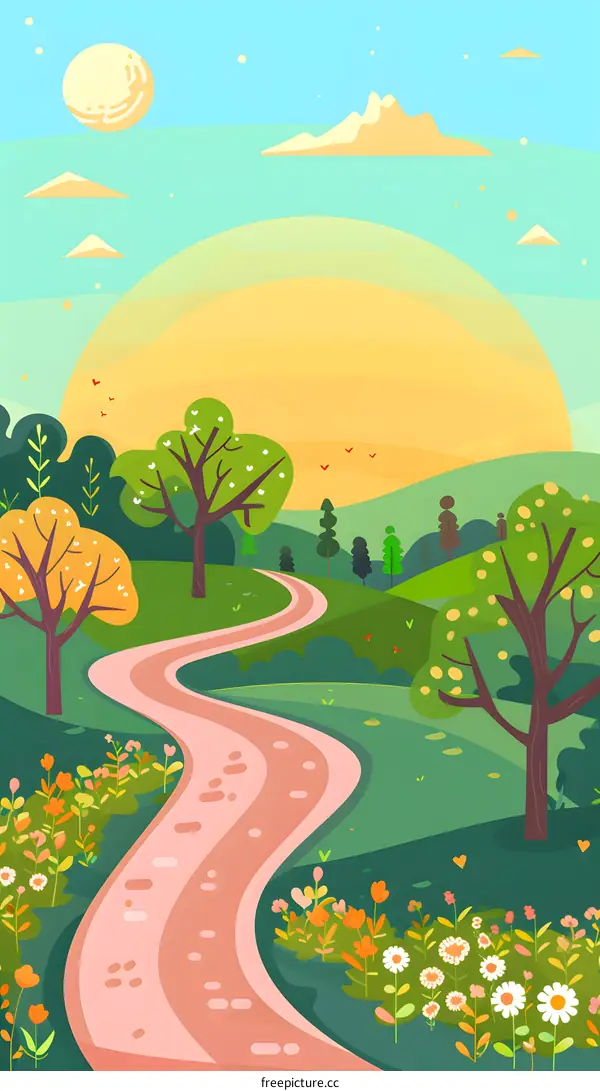 Spring Landscape With Winding Path And Flowers