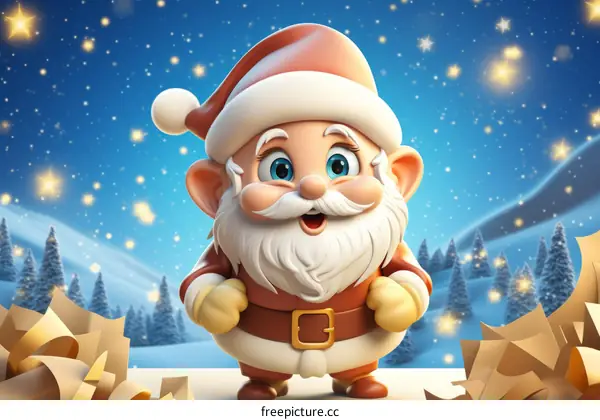 A cute cartoon Santa Claus is standing in front of a snowy landscape