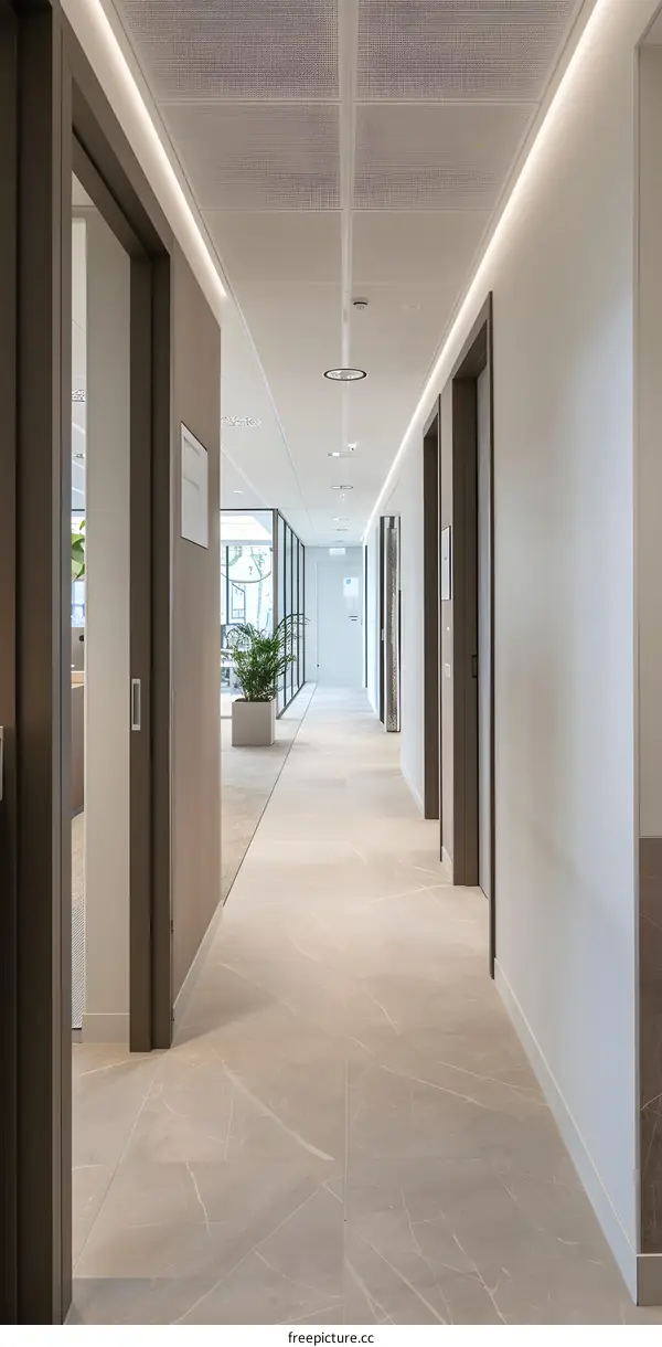 Modern Office Hallway With Light Fixtures and Wood Accents