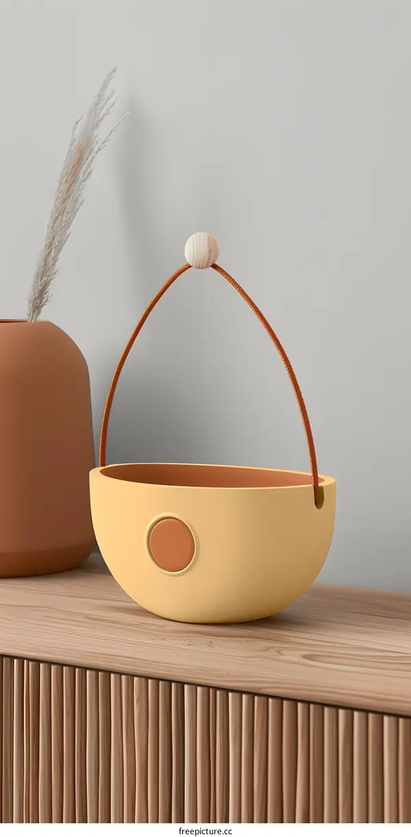 Modern Minimalist Yellow  Planter with Leather Handle
