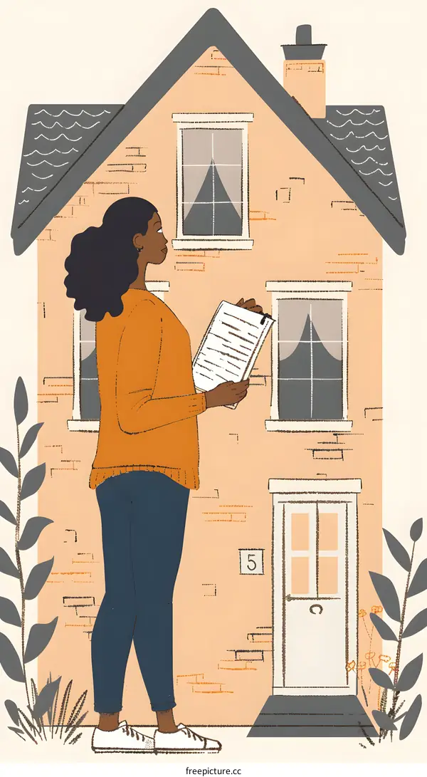 Woman with Paperwork Standing in Front of a House