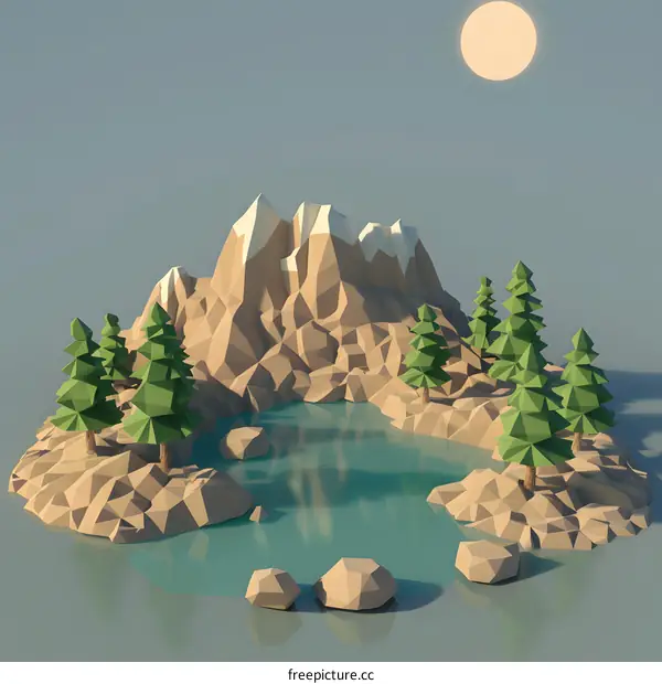 Low Poly Mountain Landscape with Lake and Trees