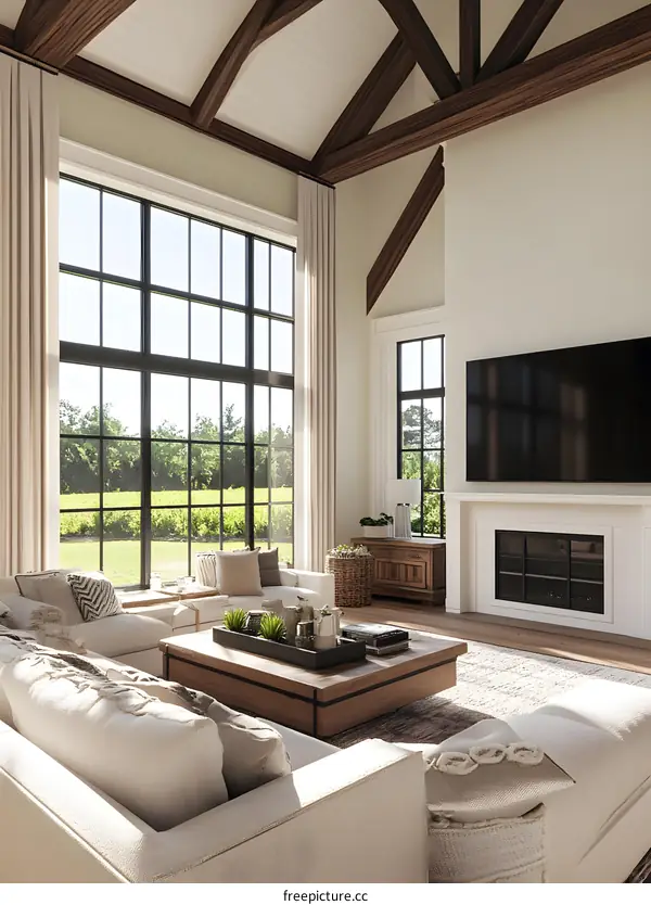 Modern Farmhouse Living Room Interior Design With Large Windows