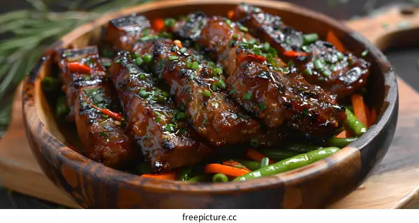 Close Up of Glazed Pork Ribs with Green Beans and Carrots