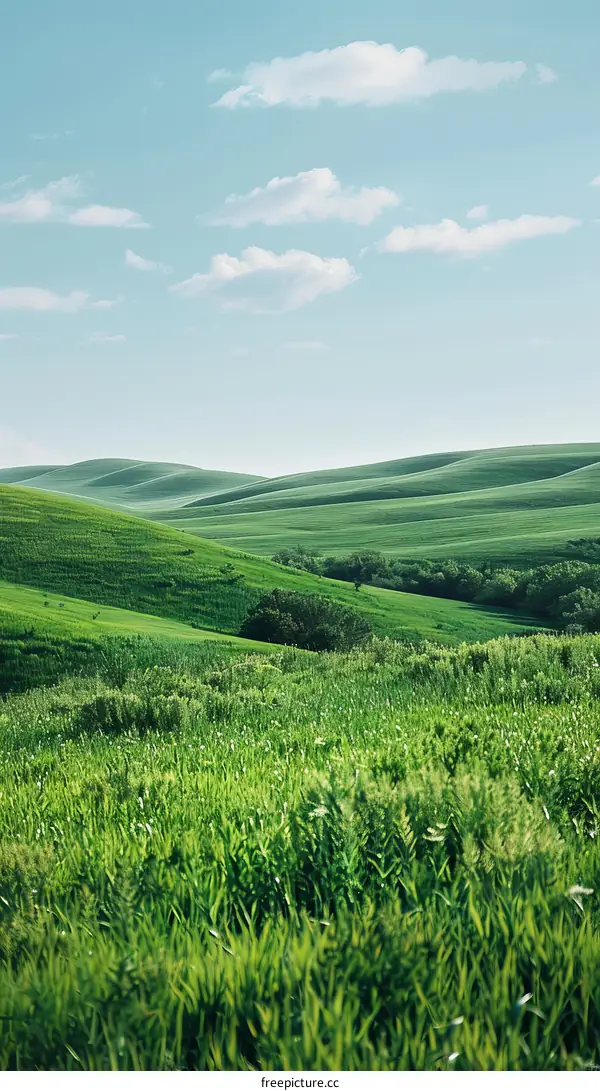 Green rolling hills under a blue sky with white clouds