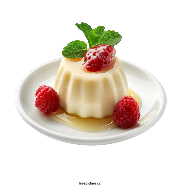 [Transparent Background PNG]Panna cotta dessert with raspberries and honey