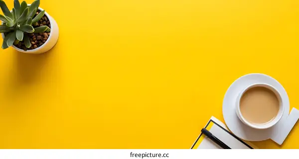 Yellow Background with Coffee Cup, Notebook and Plant