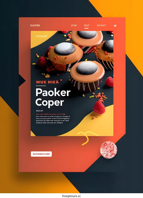 Colorful Cupcakes with Raspberries and Yellow and Red Background