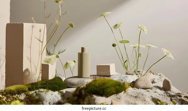 Minimalist Green Bottle with White Flowers and Rocks