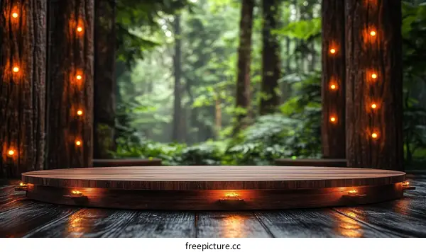 Wooden Platform in a Lush Forest Scene