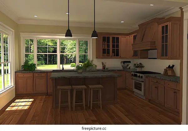 Modern Kitchen Interior Design With Wooden Cabinets and Granite Countertops