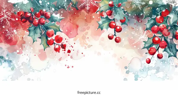 Watercolor Christmas Holly Berries and Leaves