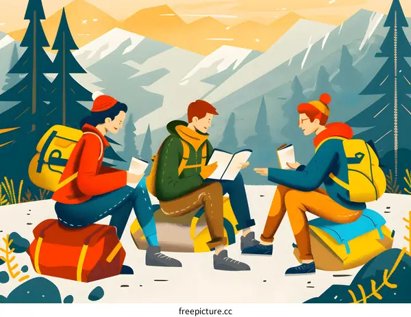 Three Friends Reading In Mountains