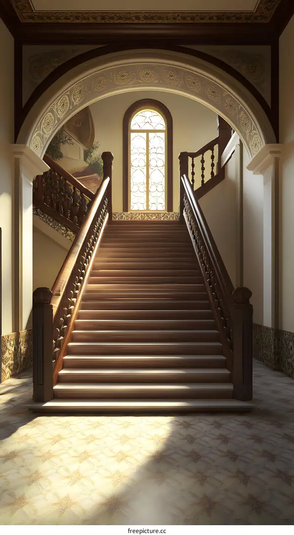 Grand Staircase with Ornate Railing and Decorative Ceiling