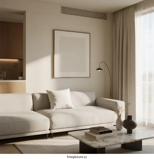 Minimalist living room with beige sofa and empty frame wall