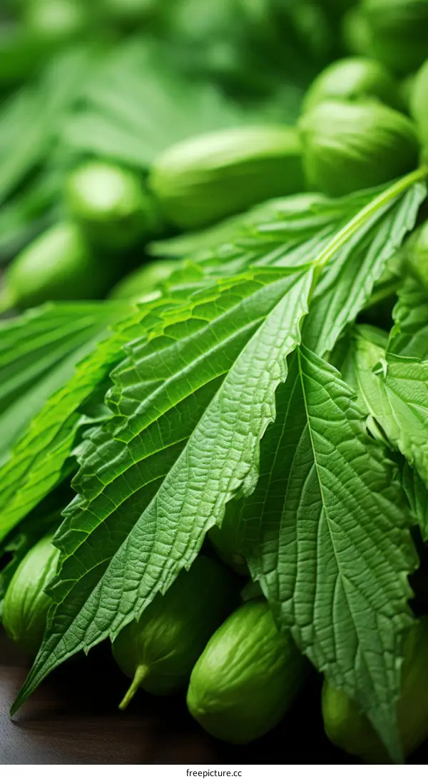 Close-up of fresh green leaves with serrated edges and visible veins