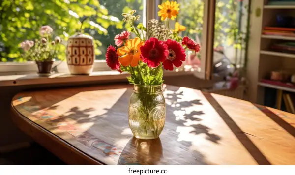 A beautiful bouquet of flowers sits on a wooden table in front of a window.
