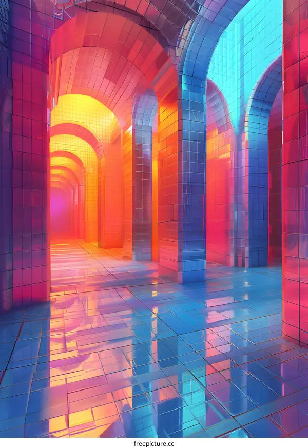 Abstract Colorful Arched Corridor with Neon Lights