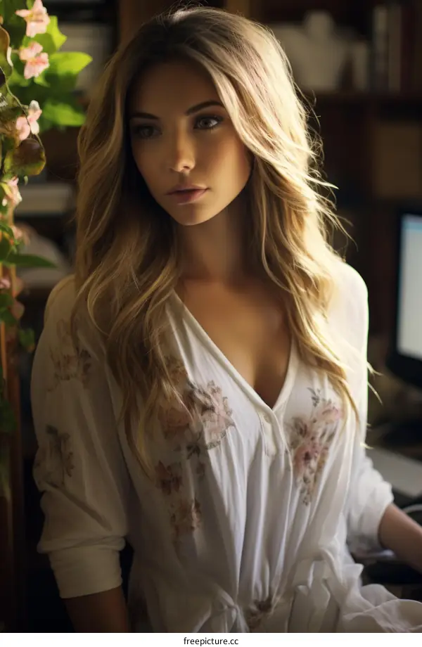 Portrait of a beautiful young woman with long blonde hair wearing a floral dress