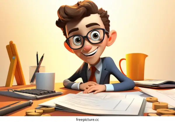 A businessman is sitting at his desk and looking at the camera.