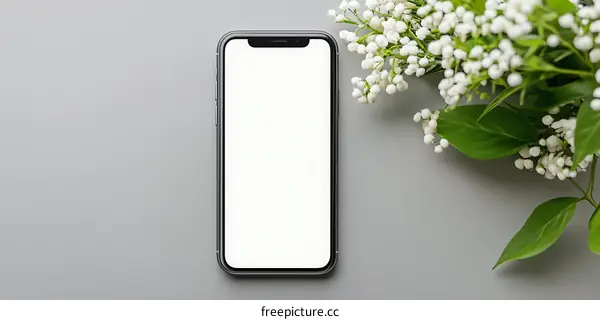 White Flowers And Modern Smartphone On Grey Background