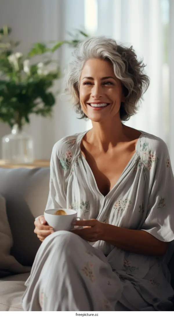 A beautiful middle-aged woman sitting on a couch and drinking tea