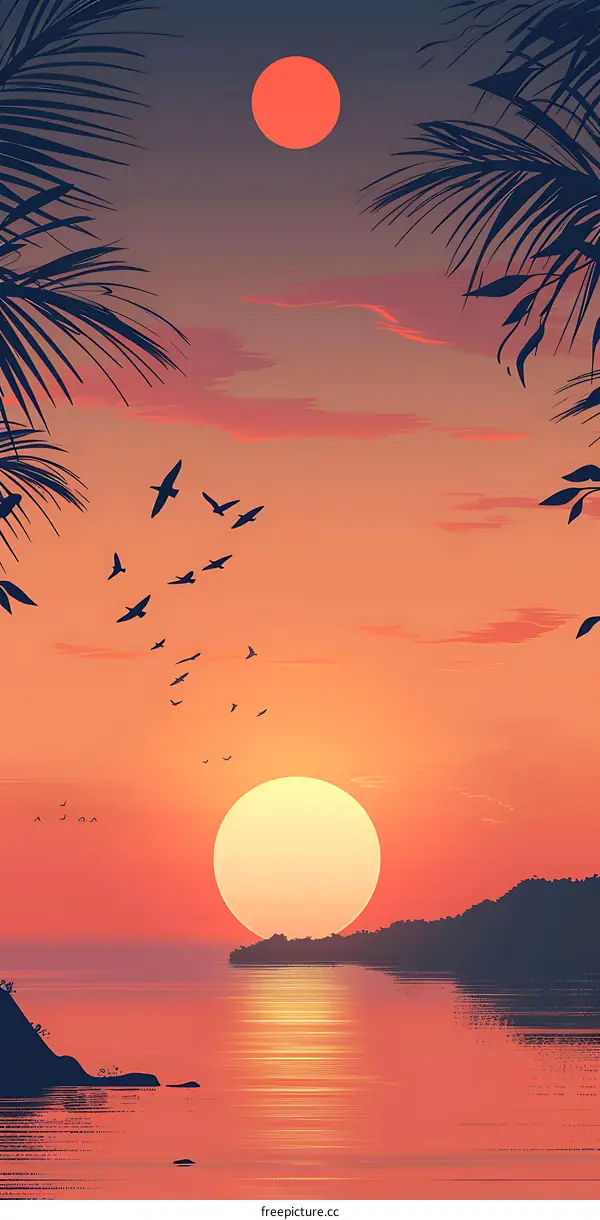 Sunset Landscape With Palm Trees And Birds