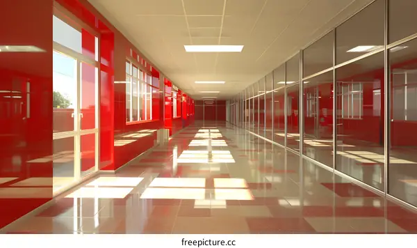 An empty red school hallway with white tiled floor and large windows