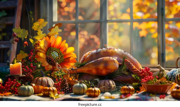 Thanksgiving dinner table with a roasted turkey, pumpkins, and sunflowers