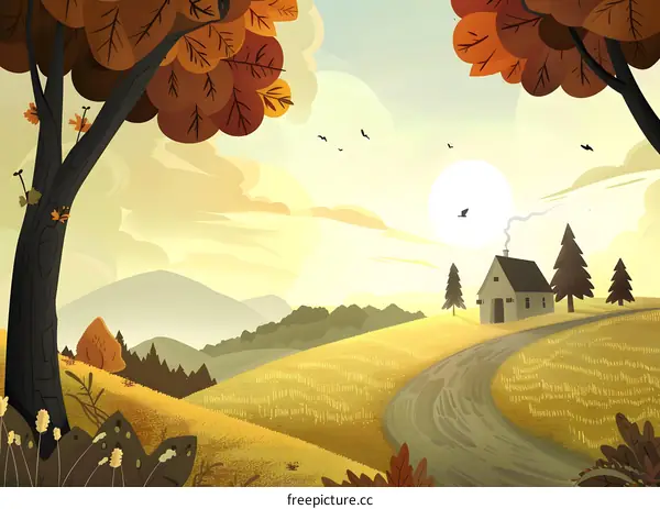 Autumn Landscape with a House and Winding Road